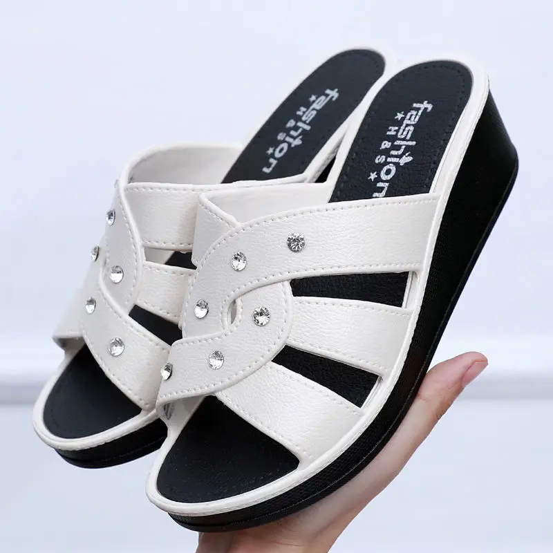 Women\'s High Heel Slippers Summer Wear Thick Bottom Fashion Home Non-Slip Mother Shoes Soft Bottom Social Wedge Women Sandals