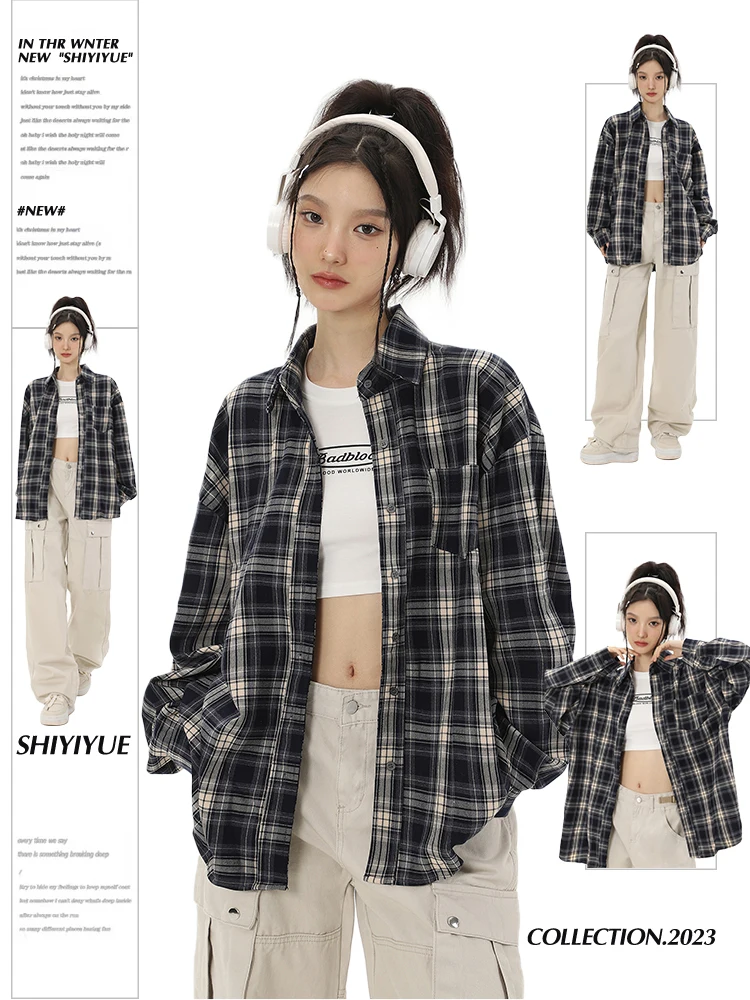 

November American Retro Plaid Shirt Jacket Women's Loose Long Sleeve Casual Top Spring Autumn Wear Outerwear Commute Style