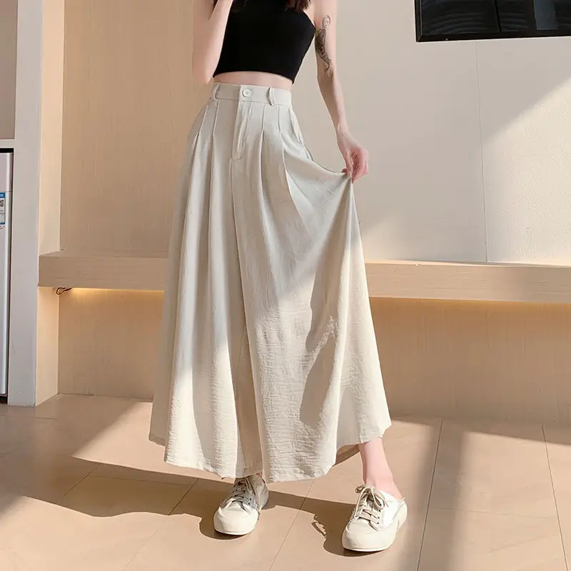 Korean Fashion Summer Thin Skirt Pants Women Solid Ice Silk Zipper Elastic High Waist Hip Hop Loose Straight Wide Leg Trousers