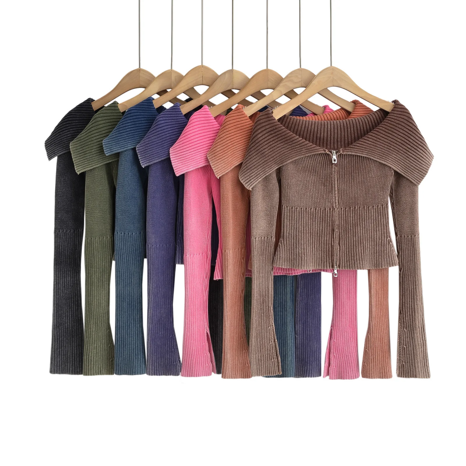 

DSMTRC Women's Fashion Lapel Collar Slim Autumn Street Sweater Female Commuting Sweater Off Shoulder Double Zipper Crop Cardigan