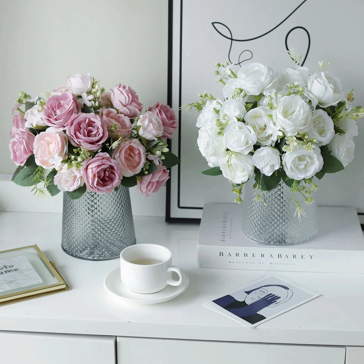 6 Stück Künstliche Pfingstrosen-Blumenpflanzen, Vase, Tisch-, Wohn-, Garten-Dekoration, Hochzeits-Arrangement, Seiden-Brautstrauß, DIY-Geschenk – Detail 6