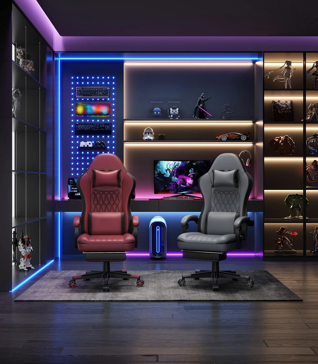 Gaming Chair with Footrest, Ergonomic Computer Chair with Lumbar Support, with 4D Foam Sports Seat Cushion, Breathable Leather