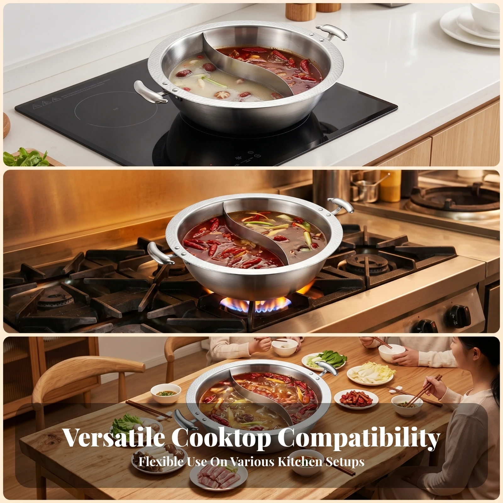Loop Handles Induction Compatible Yin-Yang Hot Pot Triple-Layer Base Two-Broth-Compartment Hot Pot