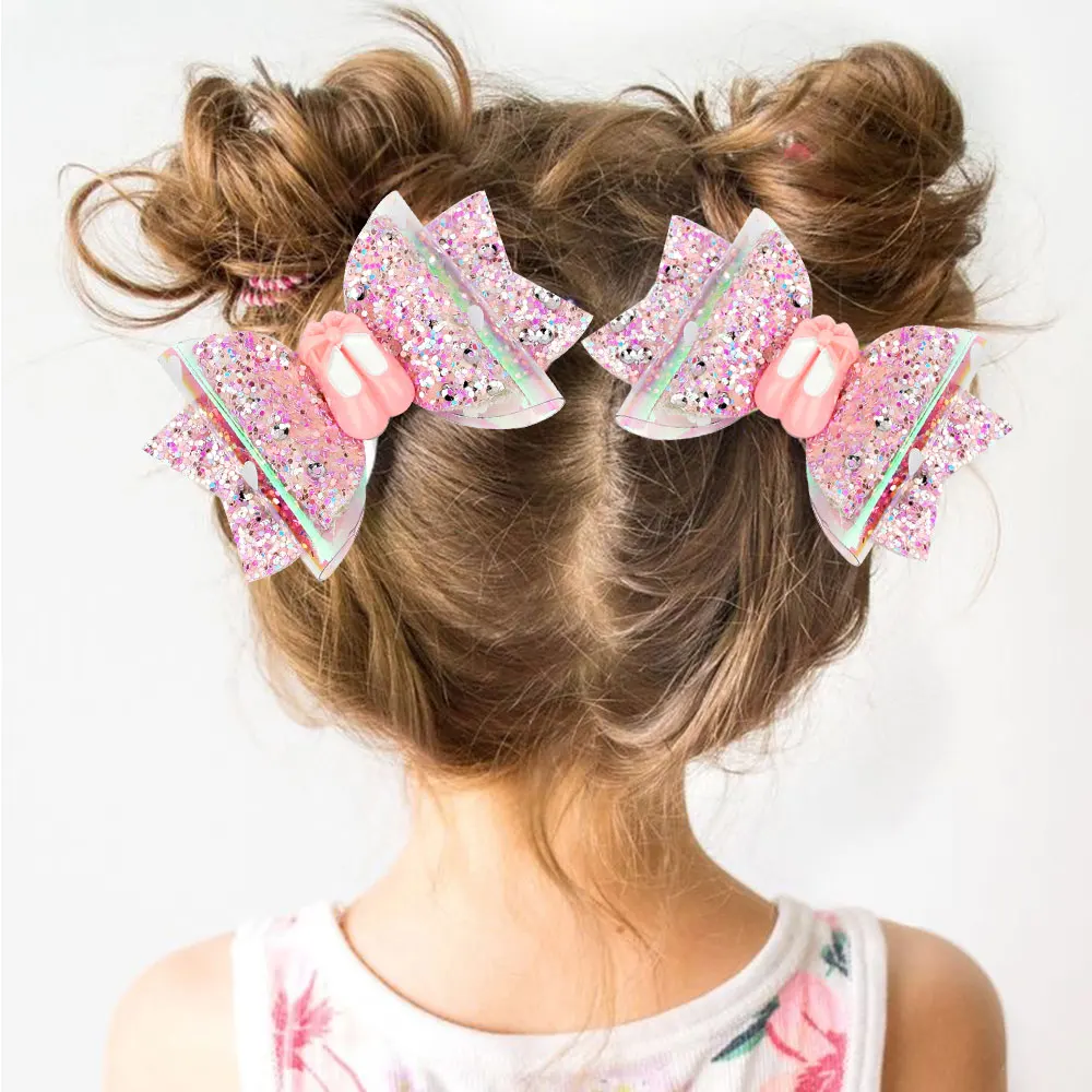 2Pcs/lot 3\'\' PINK Glitter Bow Hair Clips for Girls Back To School Hair Accessories Dance Party Bows Hair Barrettes for Kids