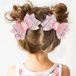 2Pcs/lot 3'' PINK Glitter Bow Hair Clips for Girls Back To School Hair Accessories Dance Party Bows Hair Barrettes for Kids