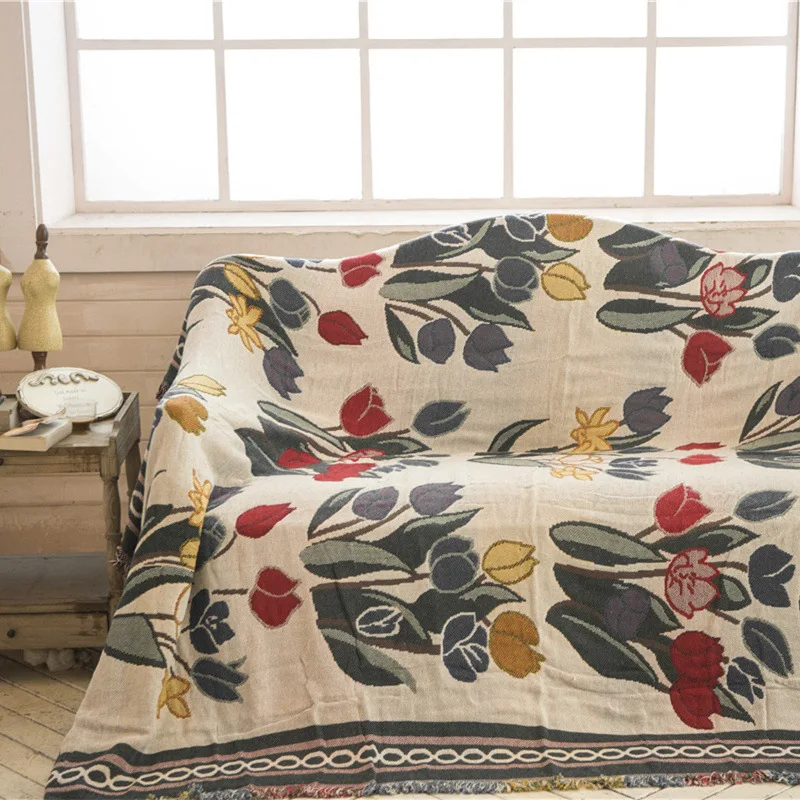 Tulip Flowers Blanket Vintage Throw Sofa Covers Knitted Bedspread Floral Europe Style Outdoor Camping Travel Blankets cobija