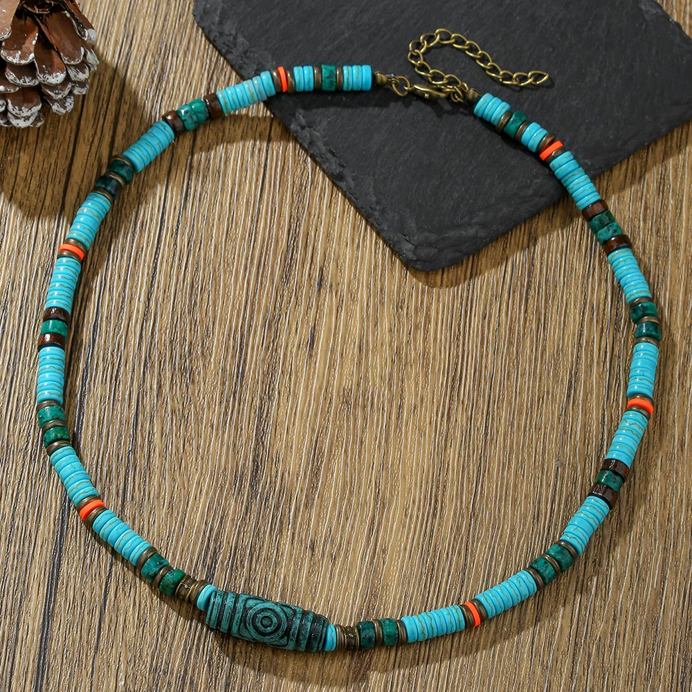 Niche vintage men's necklace Boho Resort wind turquoise metal mix pattern stone beaded collarbone chain