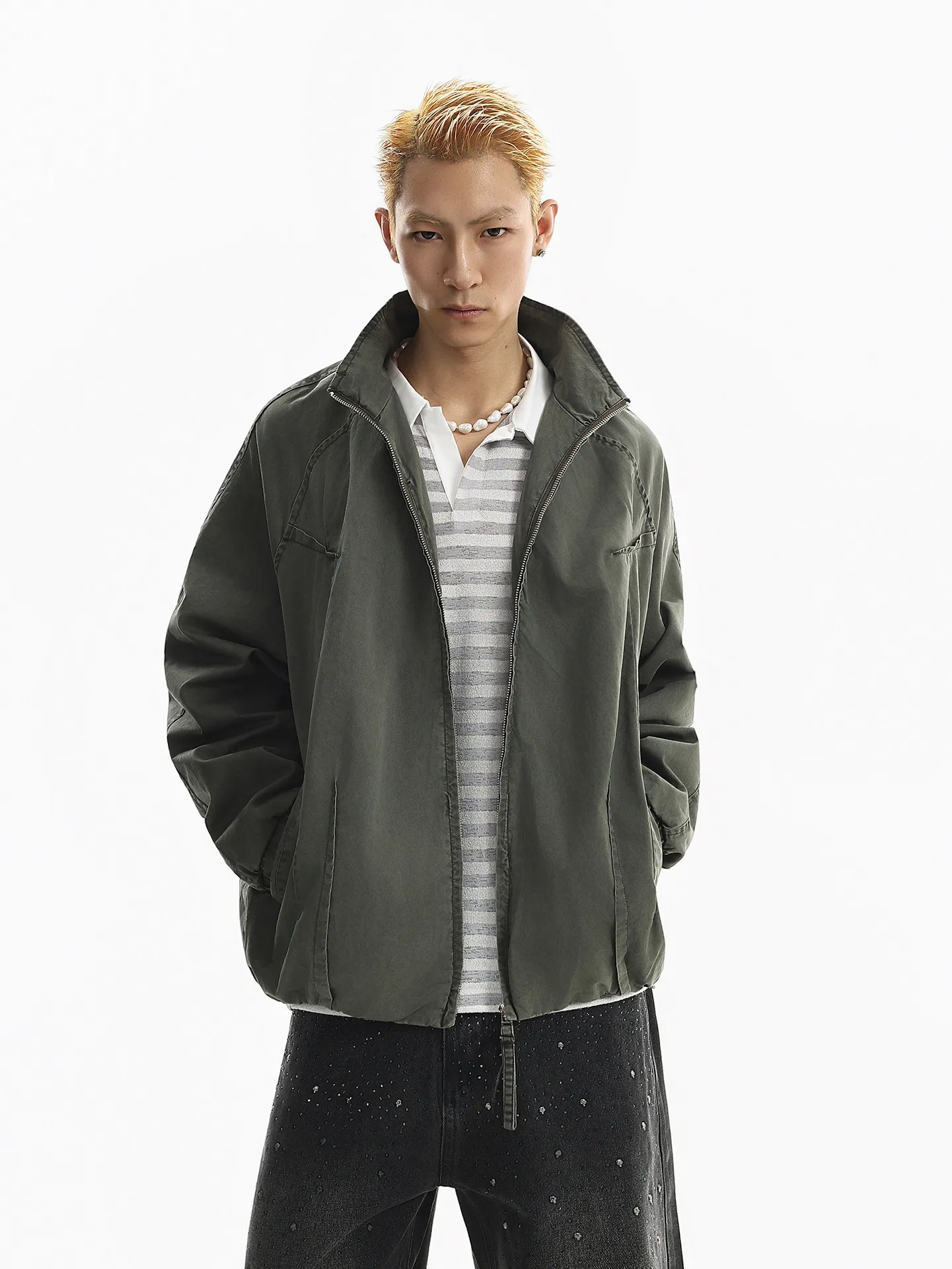 Spring Autumn American Retro Style Deconstructed High-End Stand Collar White Jacket Men's Loose Short Gray Green Windbreaker