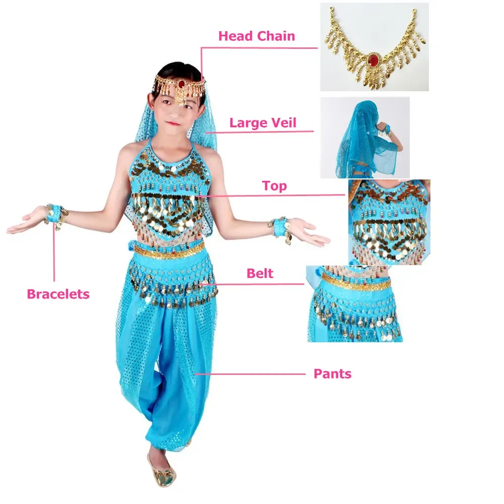 Children Belly Dance Costume Set Girls Ballroom Dance Dress Indain Gold Coin Belt Silk Veil Bellydance Kid Bollywood Accessories