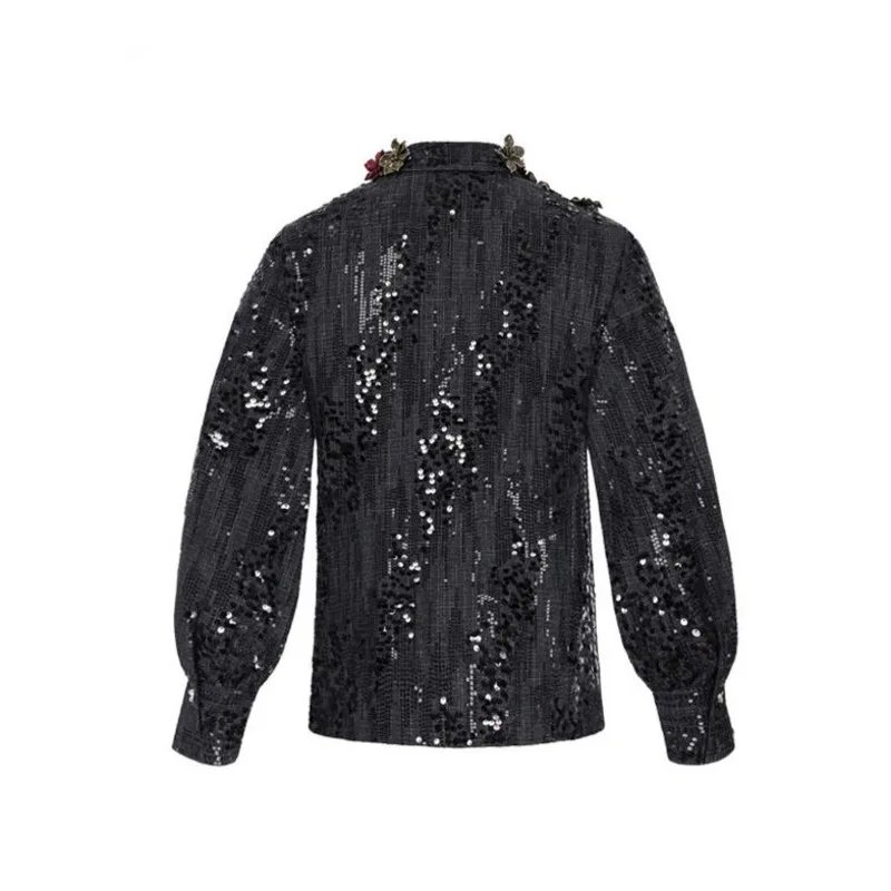 WVGA New Men Spring Autumn Flower 3D Floral Sequin Full Embroidery Stylish Shirts Niche Chic Casual Turn-Down Collar Tops W18666