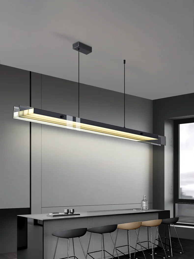 Linear Dining Room Chandelier Kitchen Island Lighting Dining Table Bar Lamp LED Long Strip Modern Lamp Glass Pendant Light Black