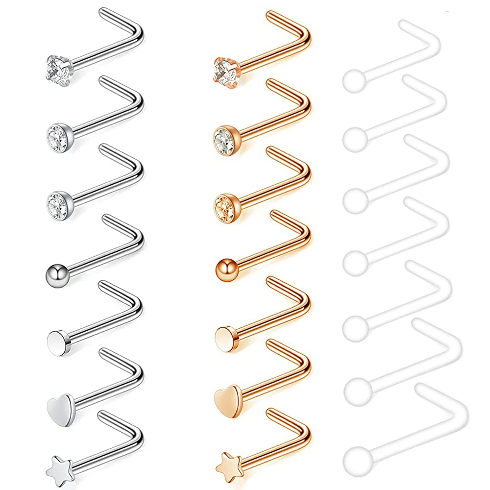 21pcs/lot 20G Stainless Steel Nose Ring  Stud Set  Heart Crystal Nose Piercing Screw L Shape Nostril Hoop Nose Body Jewelry