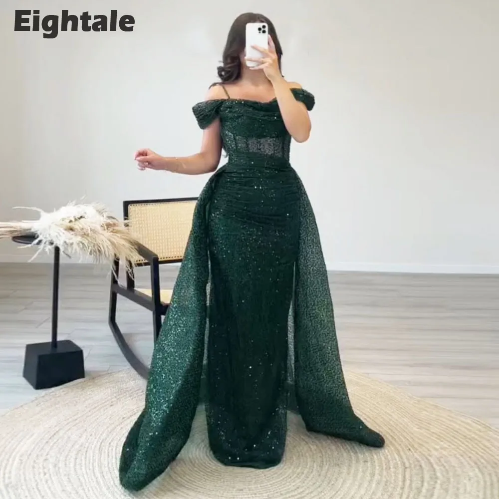 Eightale Luxury Evening Dresses Dark Green Sequined Customized Mermaid Prom Gown Wedding Party with Detachable Skirt