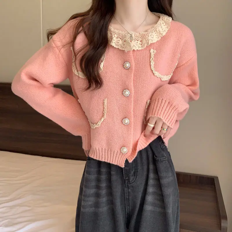 O-neck Lace Patchwork Sweater Women Autumn Winter O-neck Temperament Knitting Cardigan Elegant All-match Fashion Knitwear Tops