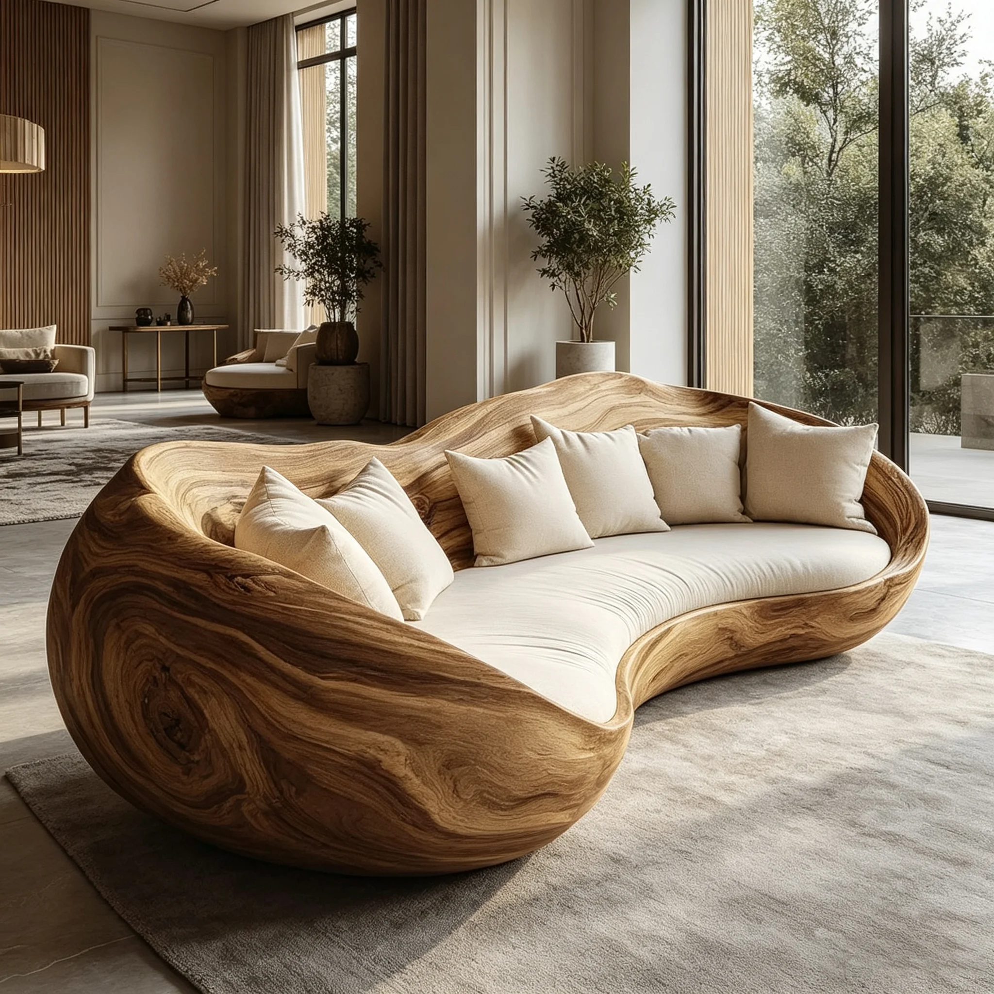 G*-Organic Curved Multi-Seat Sofa  Wood Grain Frame and Beige Fabric for Wabi-Sabi Living Spaces