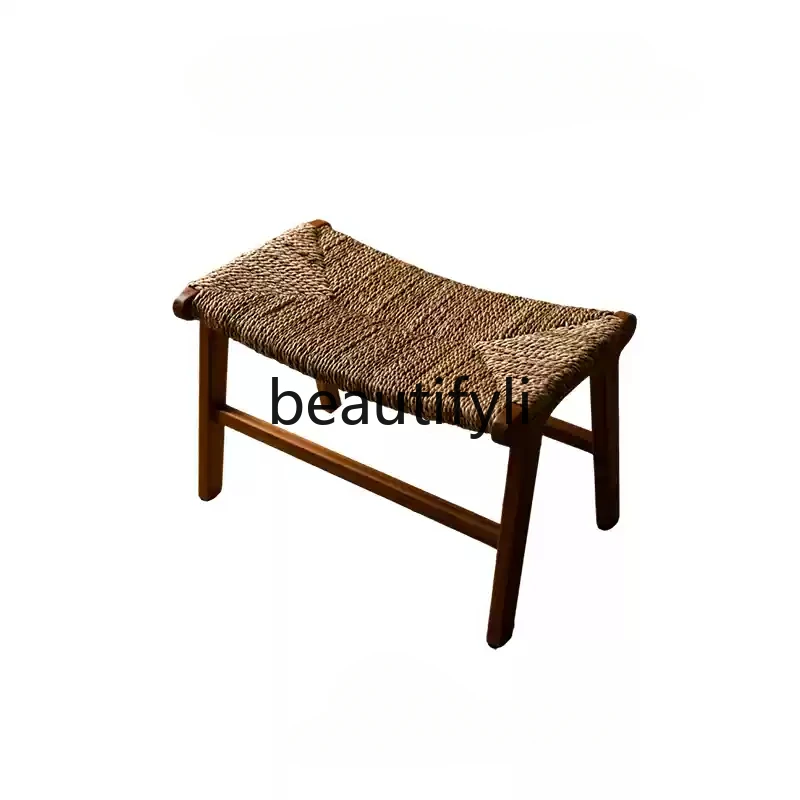 

Imported teak ottoman medieval solid wood rattan entrance shoe changing stool low stool