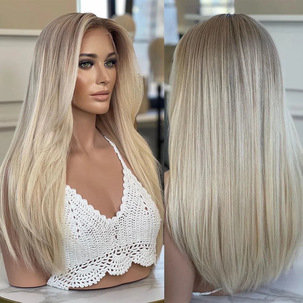 

Ash Blonde Straight Human Hair Wigs Natural Root Highlights Ombre Full Lace Wig for Women HD 13x6 Lace Front Wig 180% Remy Hair