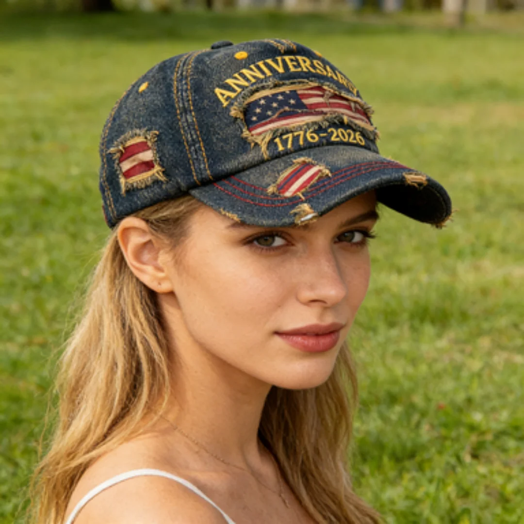 Vintage USA-Flagge 250. Jahrestag 1776-2026 Distressed Denim Baseballkappe Verstellbare Patriotische Vatertagsmütze für Männer und Frauen – Detail 13