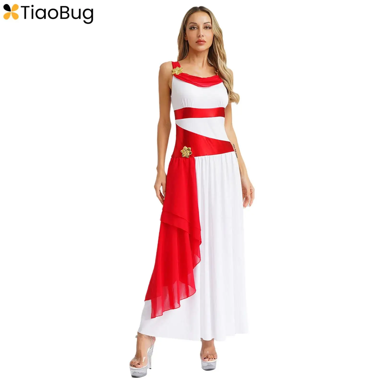

Women Ancient Grecian Queen Cosplay Costume Sleeveless Flower Decro Color Block Chiffon Dress Halloween Role Play Costume0.8