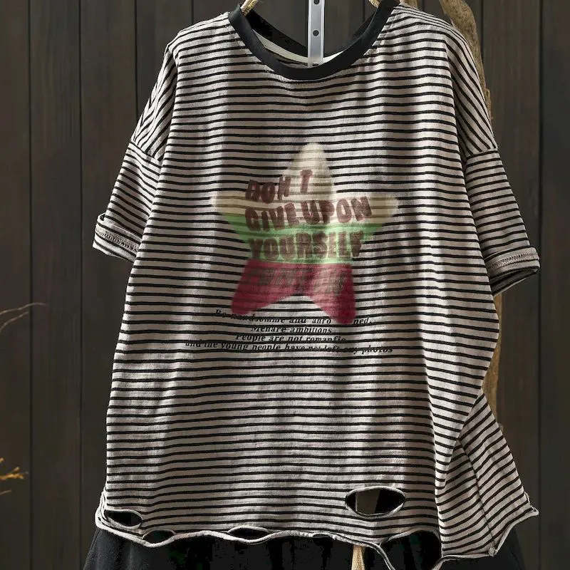 Cotton T-shirts for Women Summer Trend Thin Short Sleeve Top Korean Trendy Fashion Stripe Design Star Letter Print T Shirt Ins