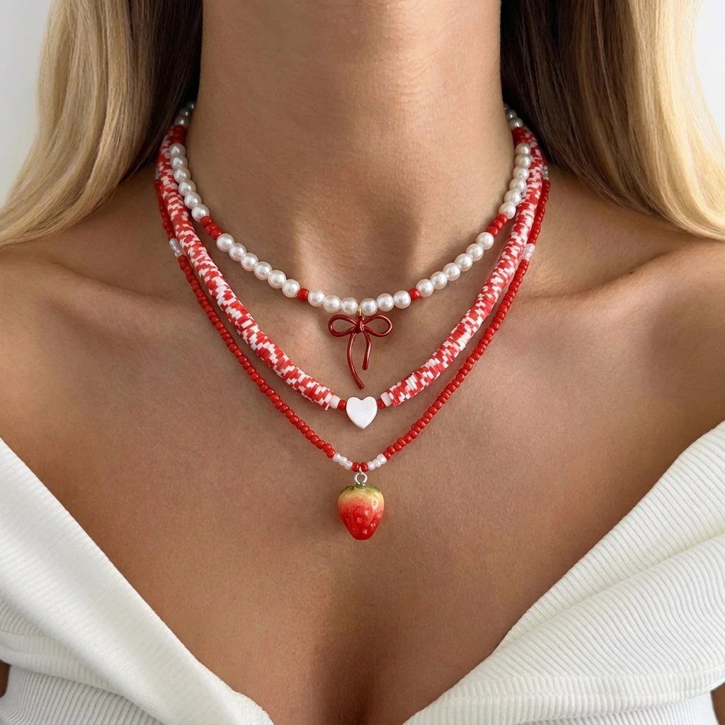 Y2K Süße Kirsch-Erdbeer-Mehrschichtige Halsketten für Frauen, Zierliche Niedliche Frucht-Schleifen-Anhänger, Schlüsselbein-Kette, Party-Schmuck Geschenke – Detail 1