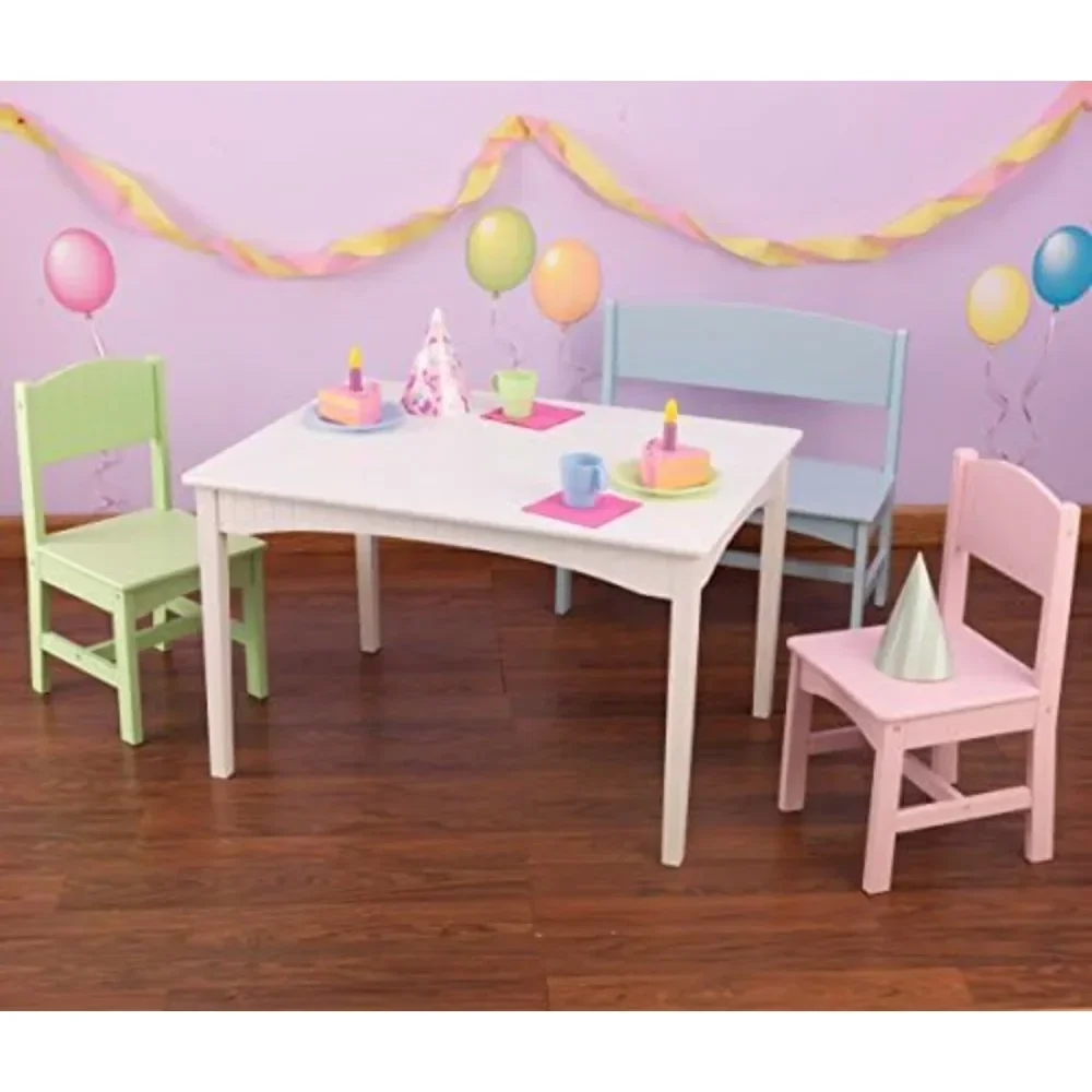 

v Wooden Table with Bench and 2 Chairs, Multicolored, Children's Furniture - Pastel, Gift for Ages 3-8