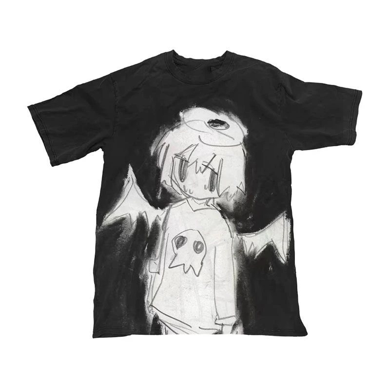 Vintage Grunge Alt Aesthetic Y2k T Shirt Rough Sketch Devil Angel Character Ghost Graphic Ins Trendy Unisex Cotton Street Tops