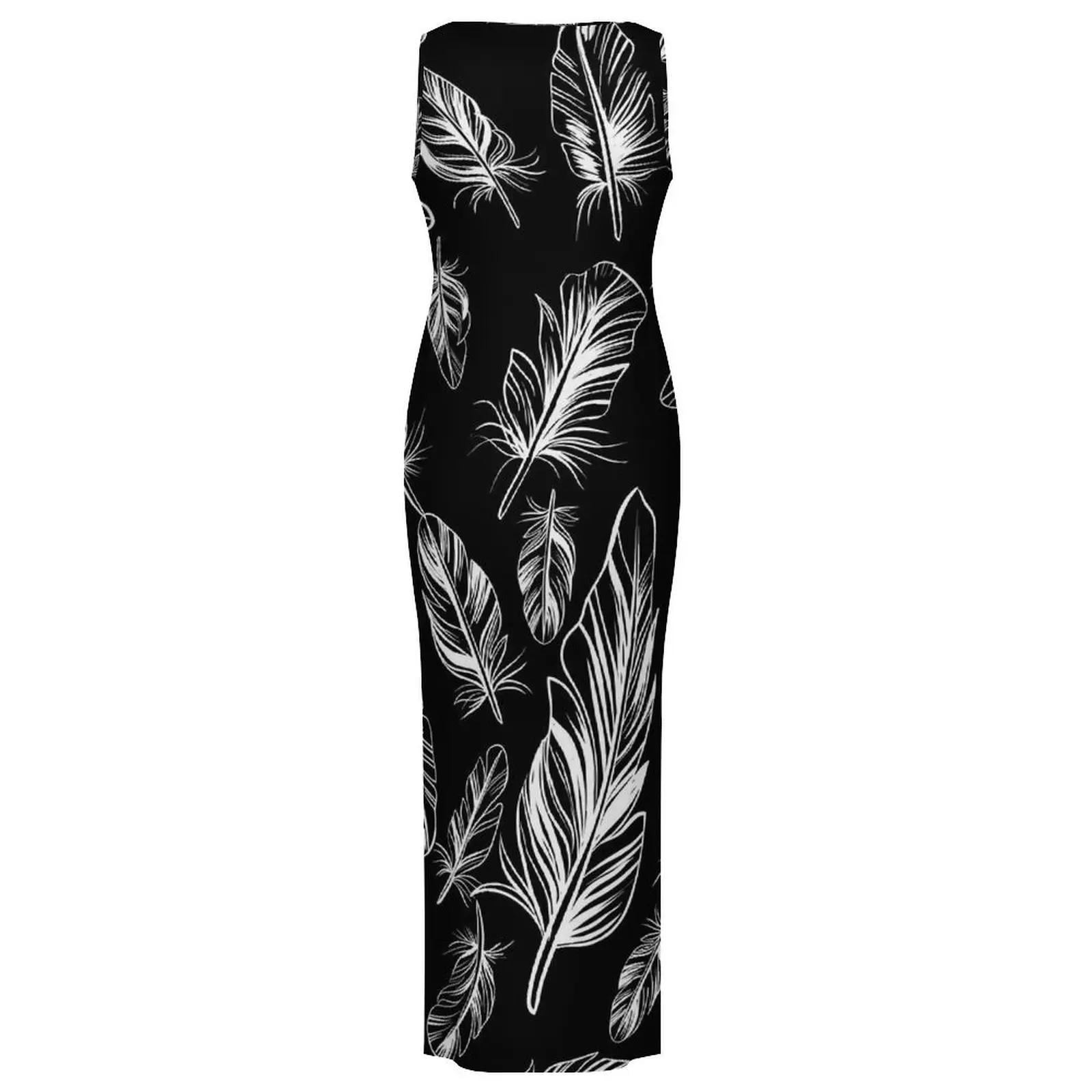 깃털 프린트 드레스 민소매 흑백 스트리트 스타일 맥시 드레스 나이트 클럽 Bodycon 드레스 레이디 디자인 오버 사이즈 의류