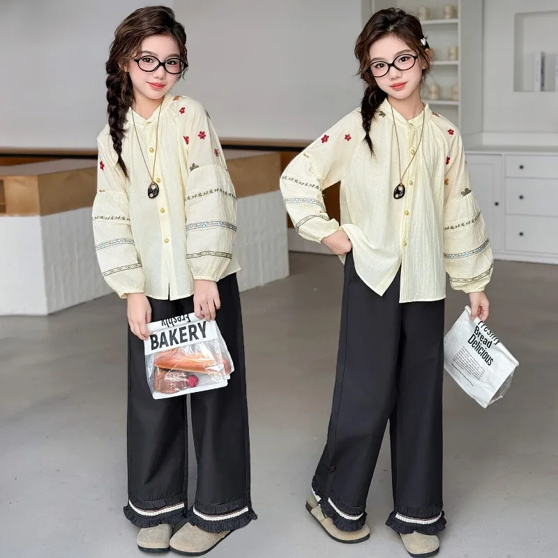 

Детские милые комплекты одежды в этническом стиле, модная повседневная рубашка для девочек + однотонные кружевные широкие брюки, комплекты из двух предметов