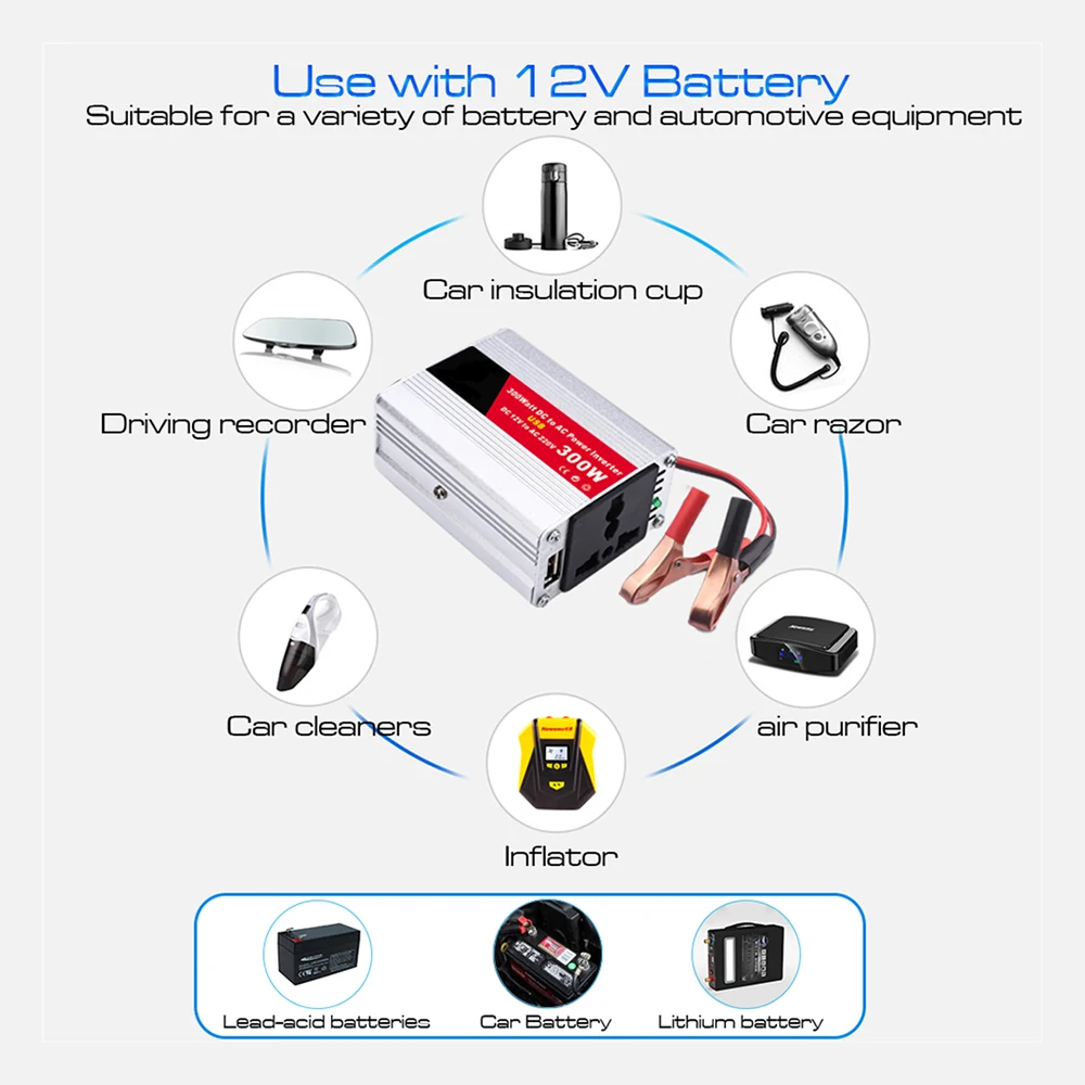 ซายน์เวฟ300W ตัวแปลงไฟรถยนต์อะแดปเตอร์แปลง DC12V AC220V อัตโนมัติพร้อม USB คู่สำหรับกลางแจ้ง