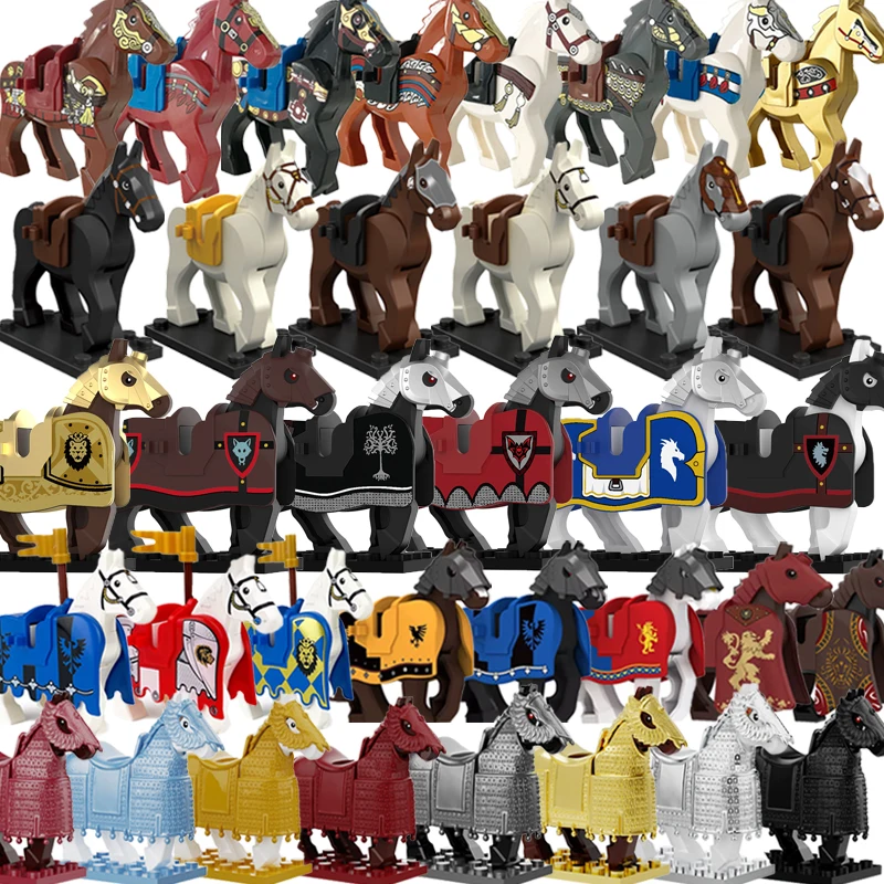 Moc medieval soldado cavaleiro guerra cavalo coleção blocos de construção castelo pesado blindado guerra das rosas cavalo sela corda brinquedo do miúdo