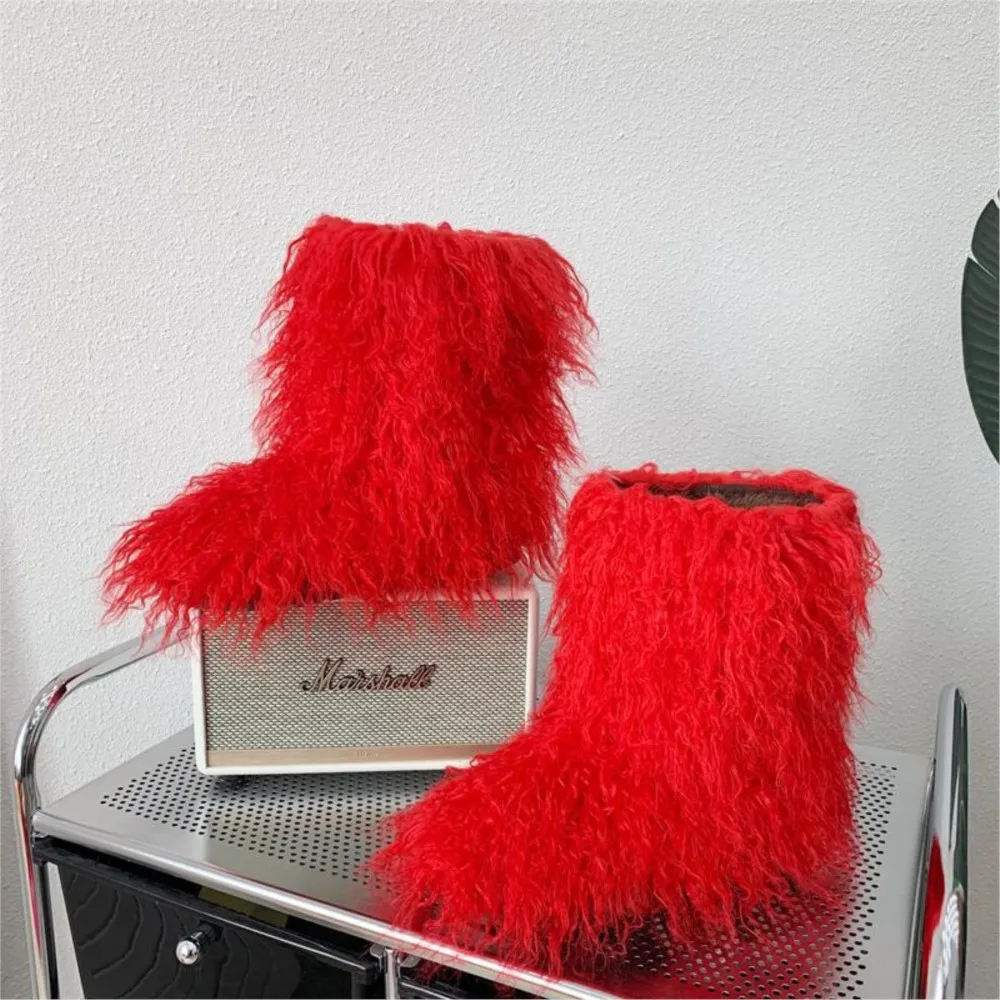 

2025 Hot Girl Punk Chic Fringe Ankle Boots Faux Lamb Fur Faux Fur Snow Boots Warm Plush Lined Non-Slip Women's Winter Booties