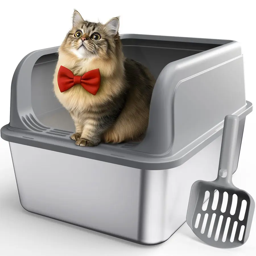 

Steel Cat Litter Box, Metal Kitty Litter Box with Scoop, AntiLeakage Top Entry, NonSticky, Easy to Clean, Grey, S 1 Pack