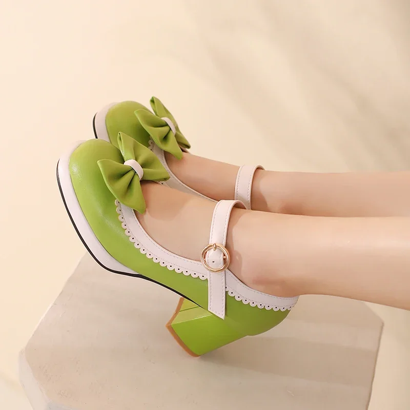 Green Bowknot Platform Mary Janes Women Round Toe High Block Heel Sweet Apricot Party Dress Show Lolita Girl Buckle Strap Pumps