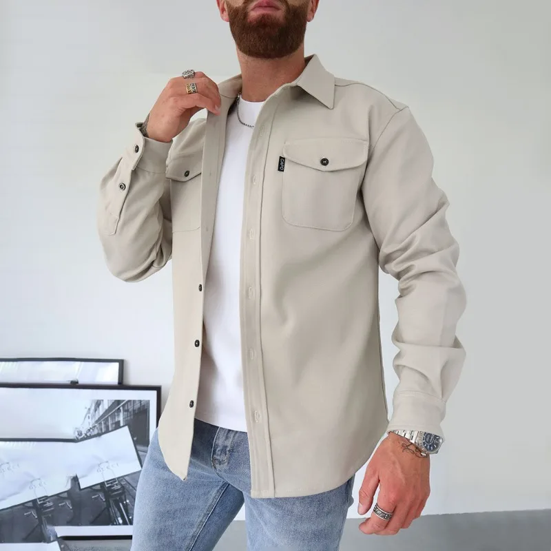 Casual camisa de manga comprida jaqueta masculina outono e inverno nova moda de rua americana cor sólida workwear camisa masculina