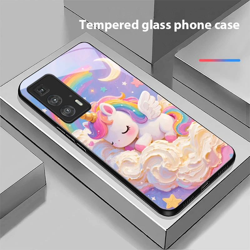 Capa de vidro para celular com unicórnio colorido para Motorola Moto G14 22 24 34 35 45 54 55 75 84 85 Edge X 30 40 Neo 50 Ultra Pro Play