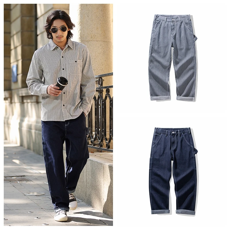 

Винтажные американские рабочие джинсы для мужчин, 35 унций, модель Ame Kaj, с множеством карманов, высокая талия, хлопок, повседневные, облегающие