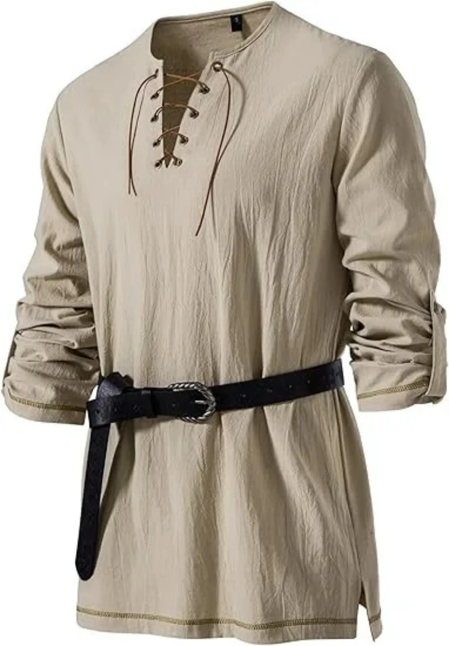 Mittelalterliches Schnür-Tunika-Hemd für Herren, Renaissance-Wikinger-Piratenkostüm, langärmliges Retro-Oberteil mit Gürtel für Halloween-Cosplay – Detail 8