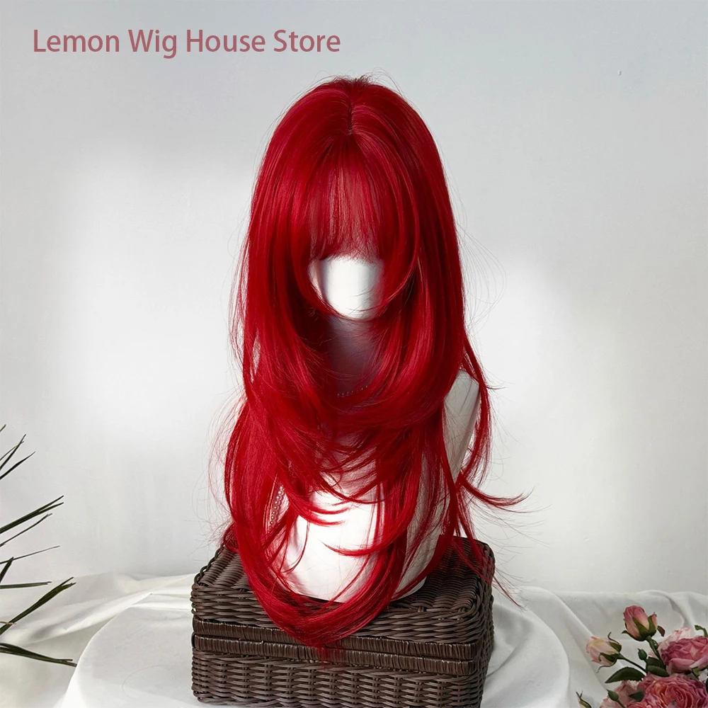 Picture 6: Red Synthetic Wig with Bangs Long Straight Hair High-Layered Wig Lolita for Women's Daily Party Cosplay Wig Heat Resistant