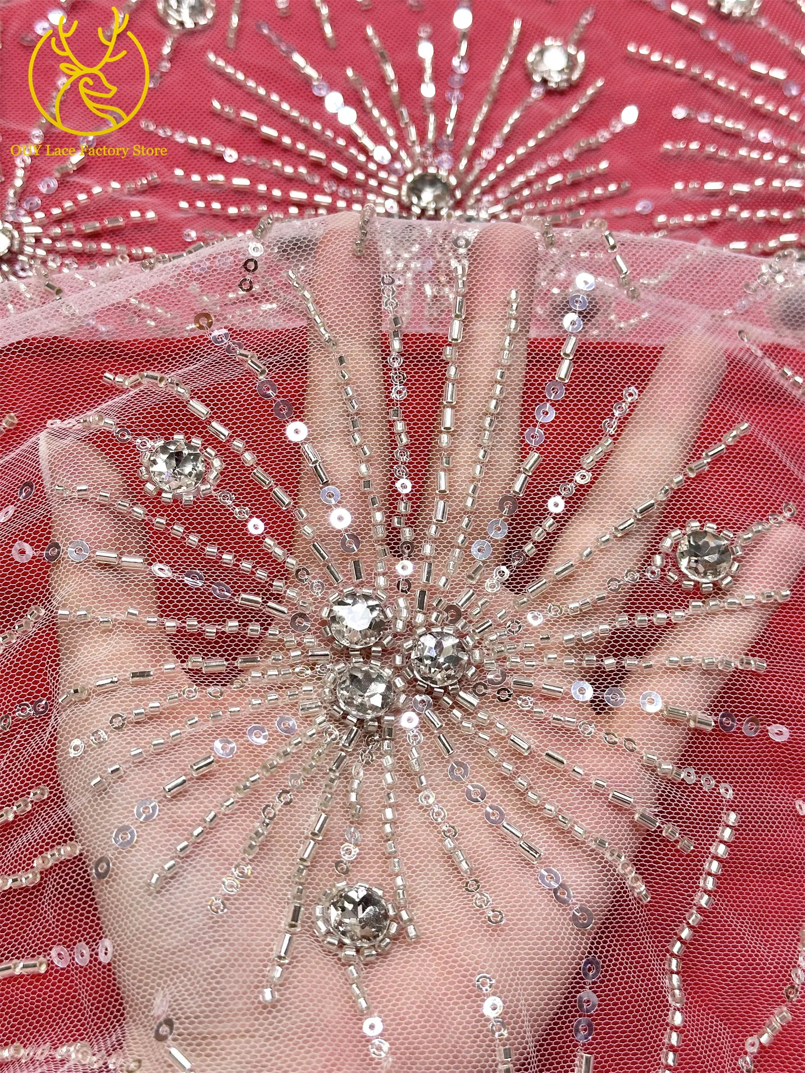 Neues Design Französische Edelstein-Spitzenstoffe 5 Meter Nigerianische Perlen-Pailletten-Spitze Afrikanischer Spitzenstoff für Hochzeitskleider – Detail 12