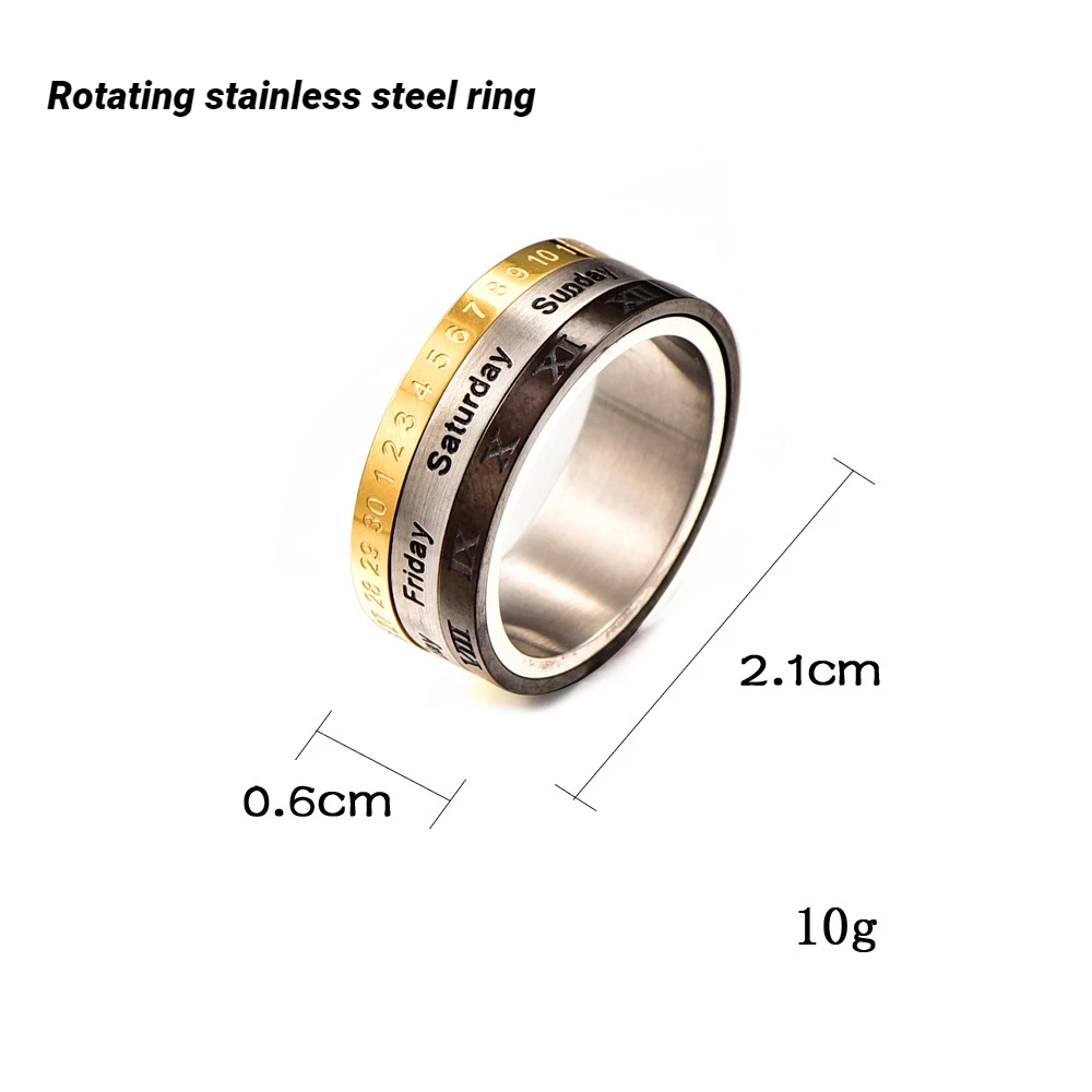 Men\'s Anxiety Rotatable Calendar Finger Ring Time Week Date Mood Numerals Fashion Black Spinner Rings For Men Treatment Fidget