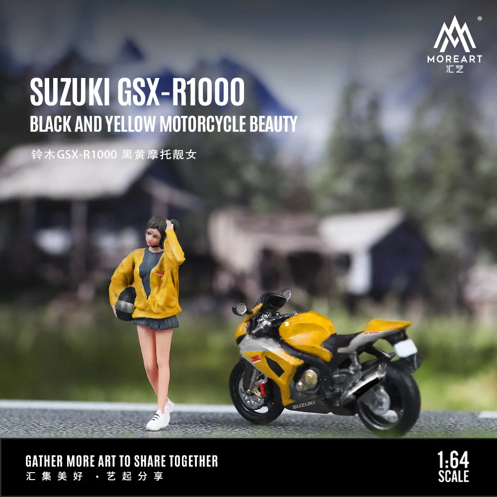 Preordine MoreArt 1/64 Suzu GSX-R1000 Classico Nero e Giallo Moto Bella Ragazza Set di Bambole Decorazioni per la Casa