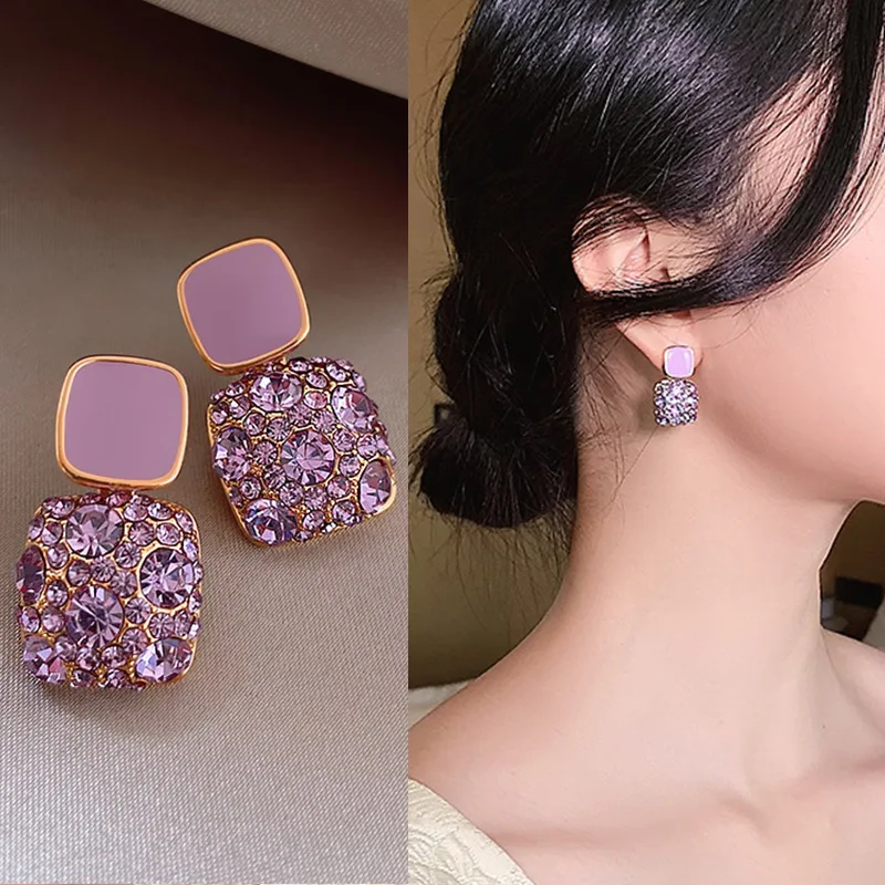 New Vintage Purple Shiny Crystal Geometric Women Earrings Contracted Sweet Lovely Fine Shiny Drop Earrings Jewelry-7298 image 2