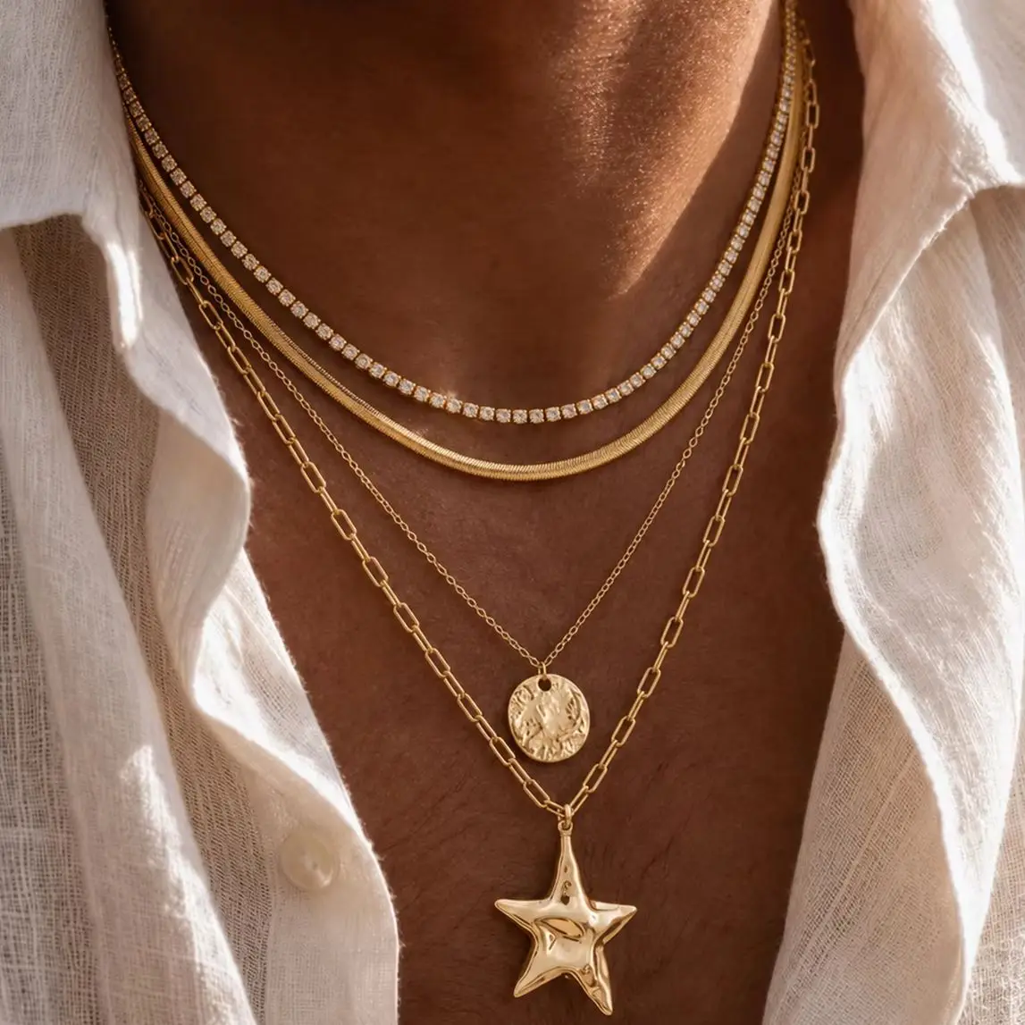 Ingemark Punk Unique Metal Texture Star Pendant Necklace for Men Trendy Creative Inlay Rhinestone Choker Chain New Jewelry Gifts