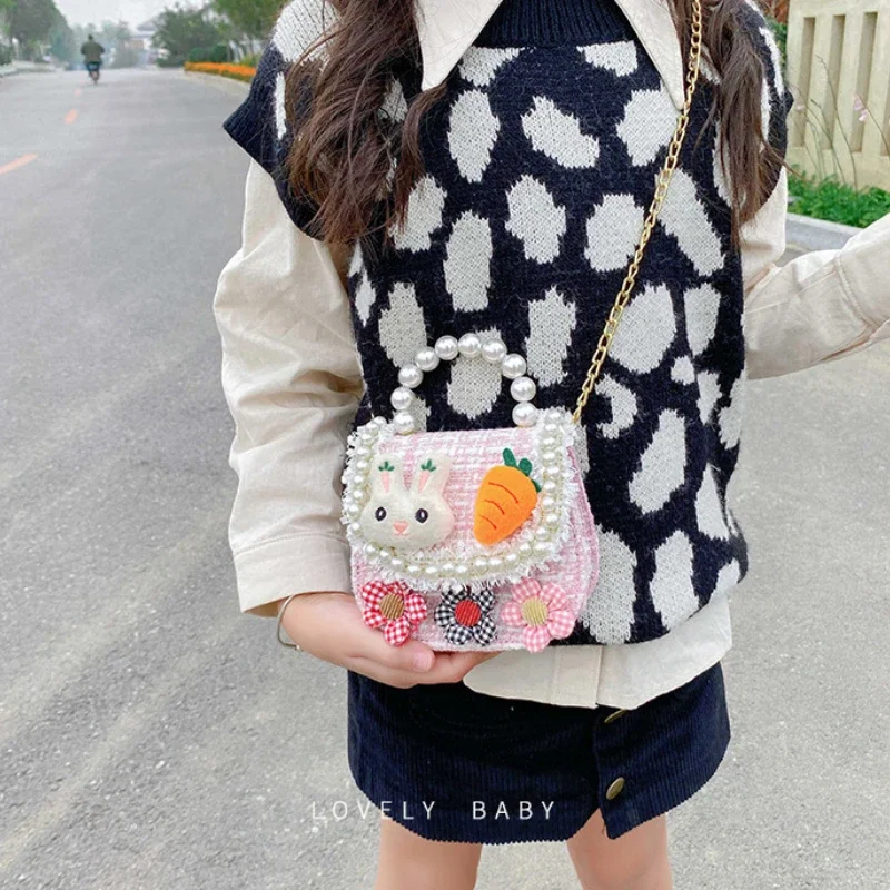 Sweet Cute Cartoon Children\'s Crossbody Bag Lovely Flower Baby Girls Square Shoulder Bags Pearl Handle Princess Handbags Gift