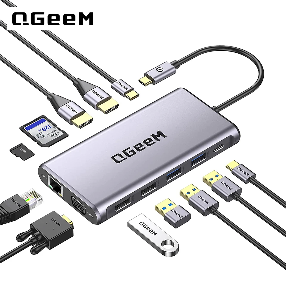 

QGeeM USB C Docking Station,12 in 1 USB C Hub Laptop Docking Station Dual Monitor,Triple Display USB Type C Dock 4K Dual HDMI