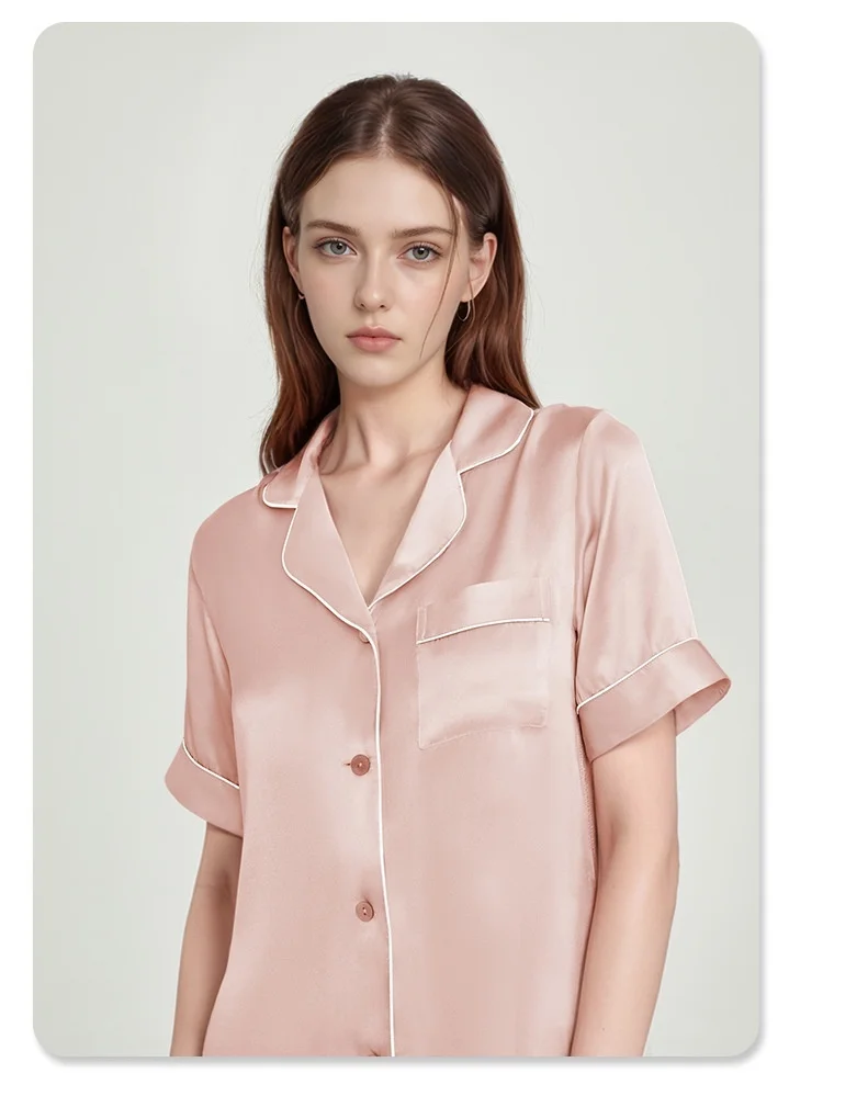 2025 Summer New Style Women's 19 Momme Heavyweight Silk Pajamas - 100% Mulberry Silk Short-sleeve and Long-pants Loungewear Set