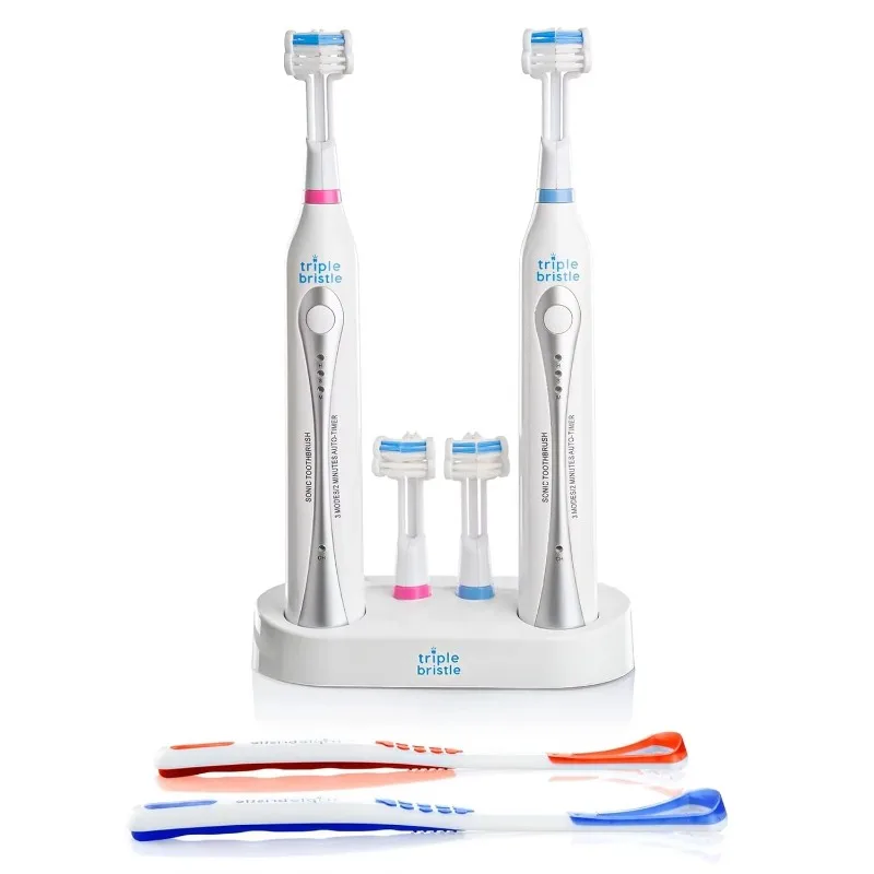 Triple Bristle 2 Electric Toothbrushes with Dual Charging Station, 3-Sided Sonic Brush, 31,000 VPM, Rechargeable Toothbrush Set