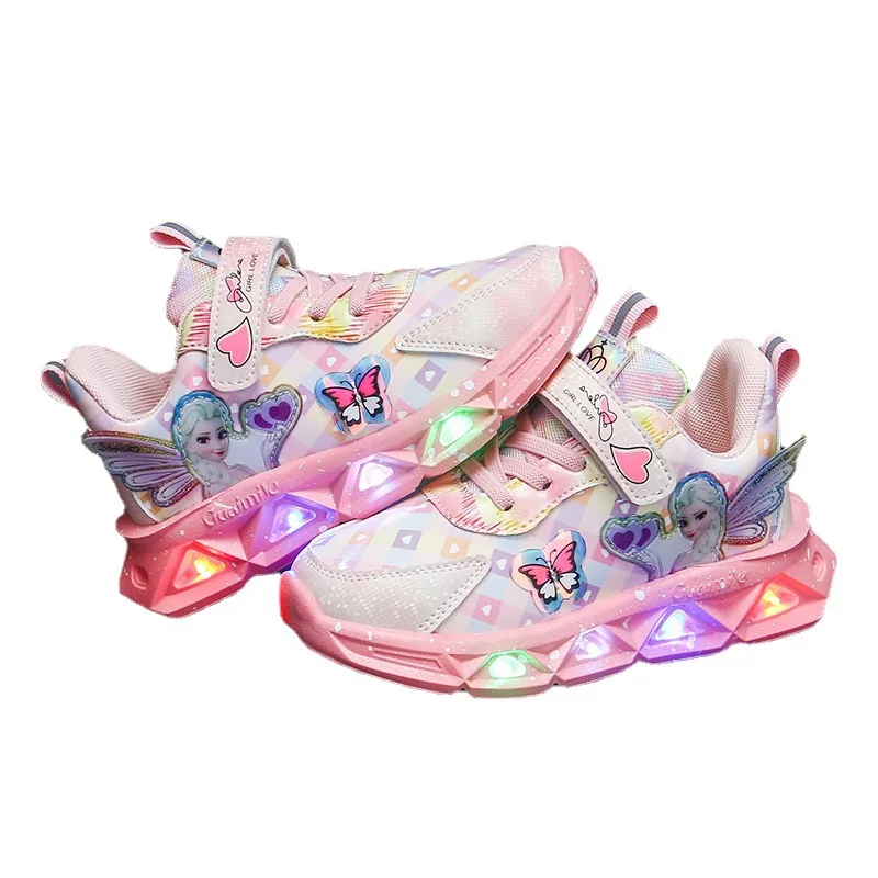 LED Light Shoes Casual Sneakers Spring Autumn Girls Light Casual Shoes Elsa Princess Print Pollen Purple