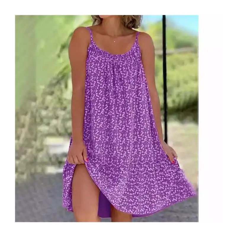 เดรสยาวปานกลางพิมพ์ลายดอกไม้แบบสองด้าน ทรงหลวม ไหล่เดี่ยว ผ้าโพลีเอสเตอร์ ไม่มีแขน แบบชิ้นเดียว รุ่นใหม่